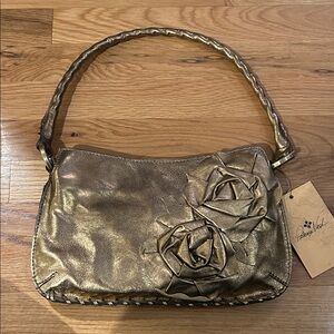 Patricia Nash Metallic Gold Shoulder Bag with Rose Accents